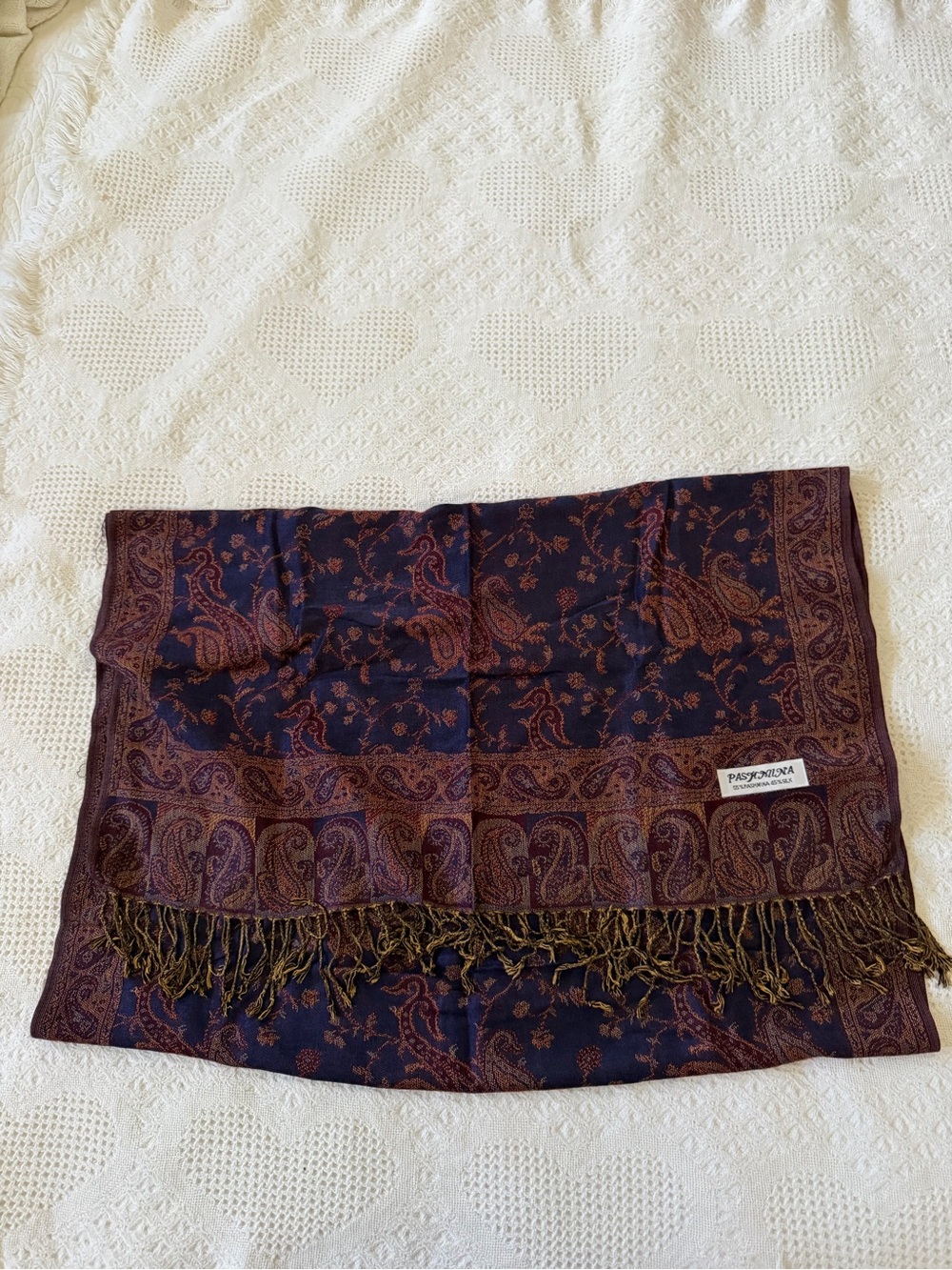 pashmina Navy & Burgundy Paisley Fringe Wrap
